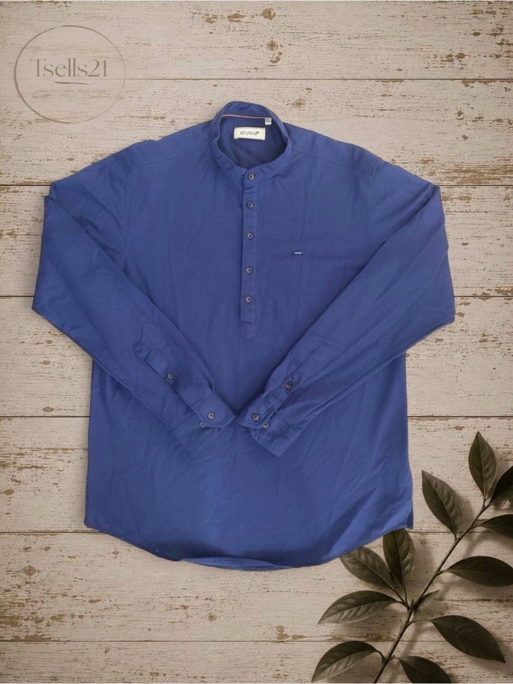 Red Flame Navy Blue Mandarin Collar Long Sleeve Henley Shirt - Size XL